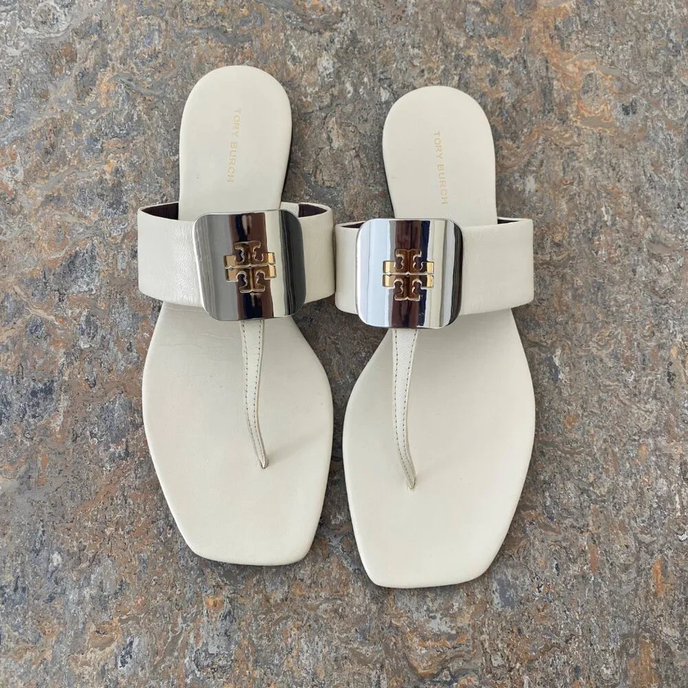 New Tory Burch Georgia Logo Sandals Shoes Ivory